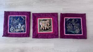 Set of 3 Vintage Ramakien Thai Maroon Silk Throw Pillow Cushion Covers Elephant